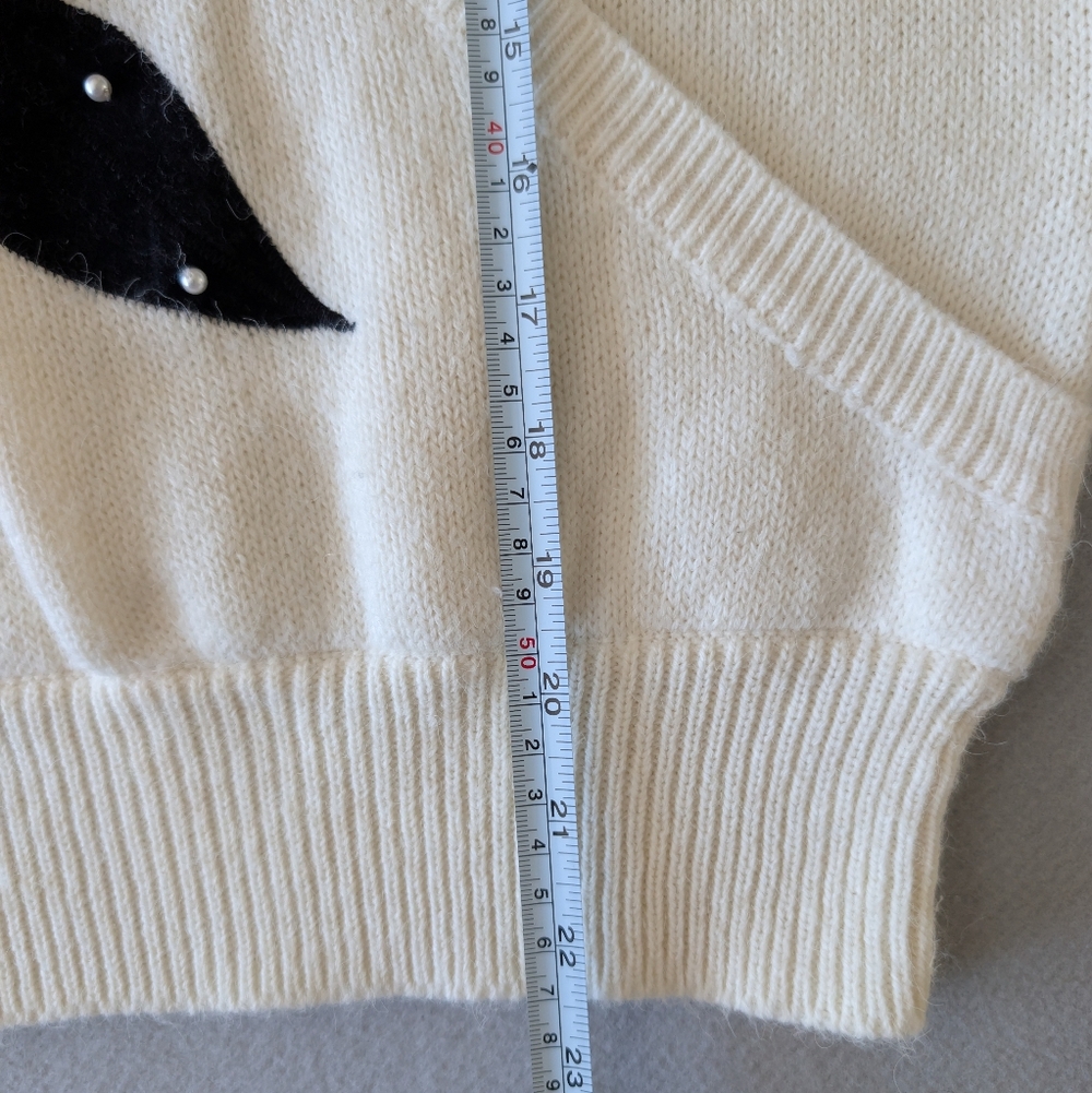 Vintage 80s Donagain Pearl Beaded Wrap Sweater Knitwear Retro Cream Black Knit L image 8